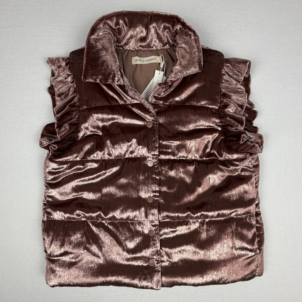 Grace + Emma Women Mauve Velvet Ruffle Puffer Vest Champagne Large NWT Large